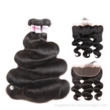 Virgin Peruvian Body Wave Hair Weaves Bundles With Ear To Ear Lace Frontal Closure